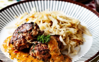 Healthy Bites Recipe:  Hamburger Patties with creamy tomato gravy & fried cabbage